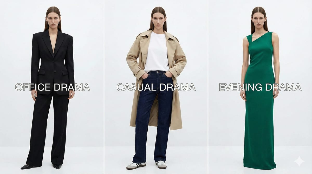 Dramatic styling outfit formulas: work, casual, evening