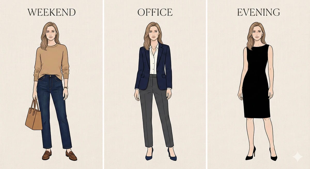 Classic Kibbe outfit ideas showing polished silhouettes for weekend, office, and evening occasions