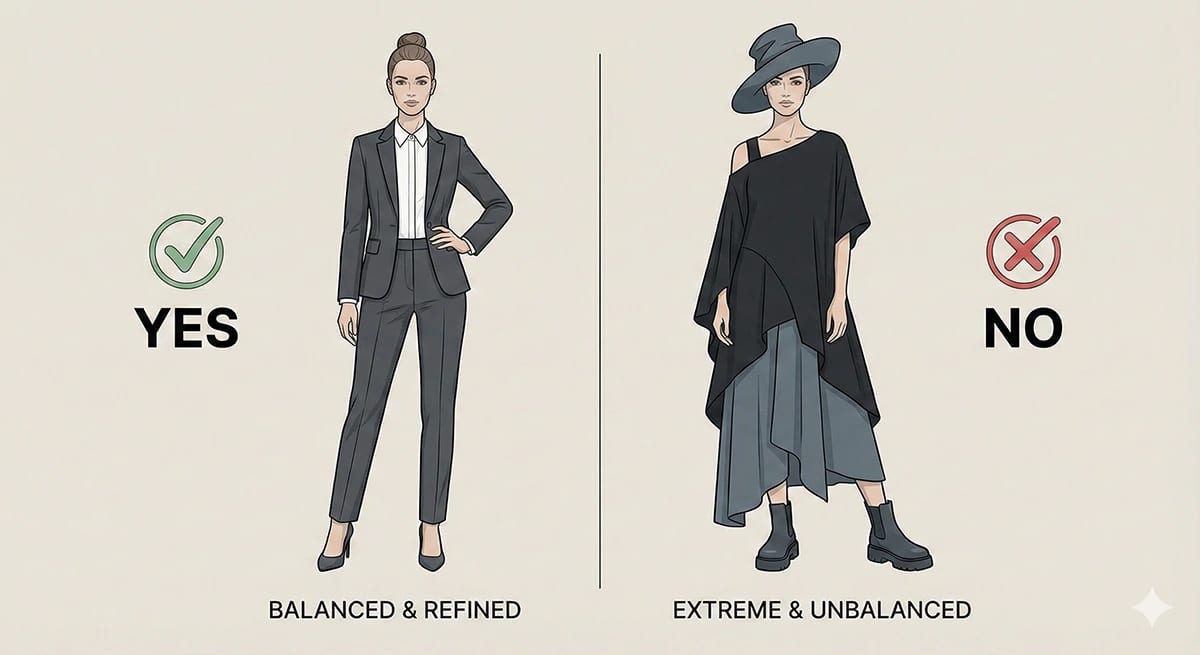 Classic Kibbe silhouette comparison showing balanced tailoring versus extreme oversized styles