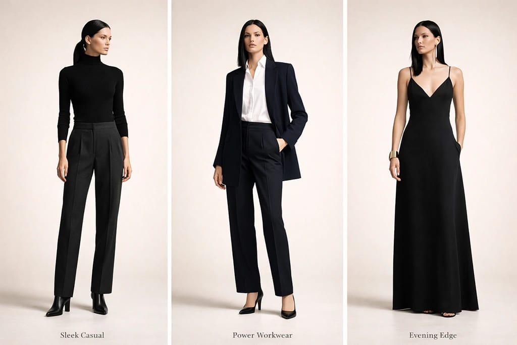 Dramatic Kibbe outfit ideas showing sleek casual, power workwear, and evening edge