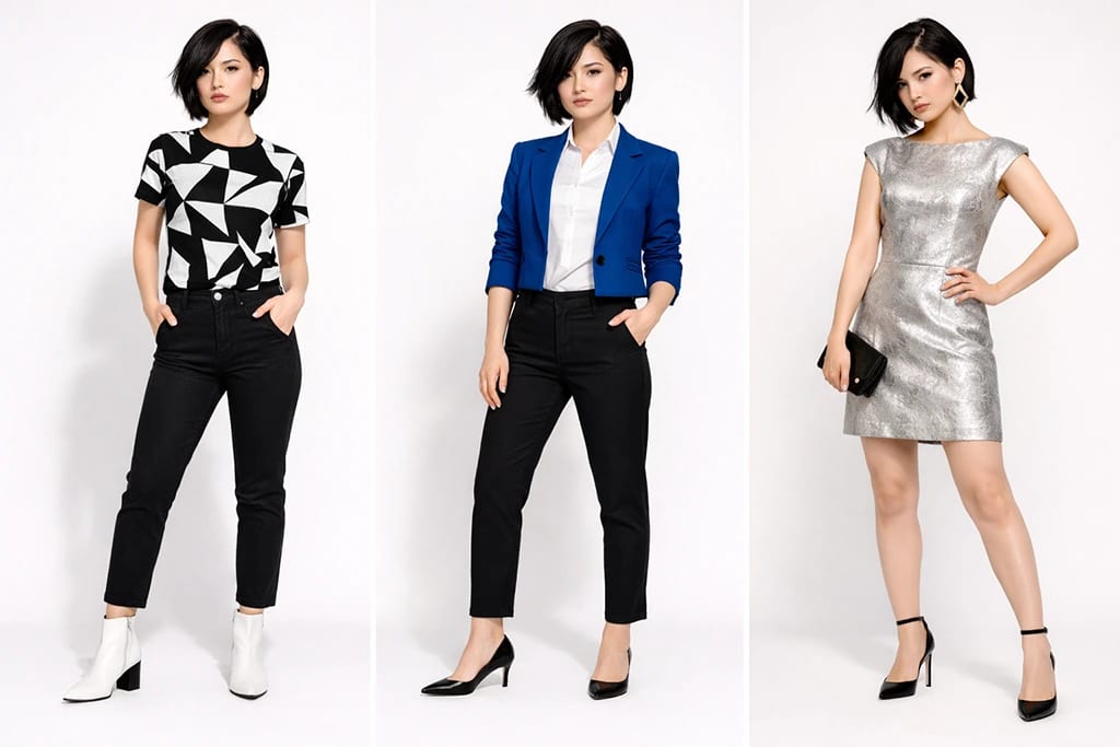 Flamboyant Gamine outfit ideas showing graphic casual, sharp work, and evening edge