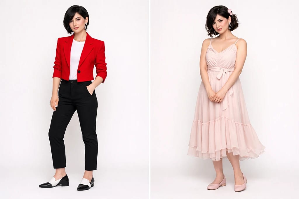 Flamboyant Gamine Kibbe styling principles showing geometric compact silhouettes versus flowing elongation