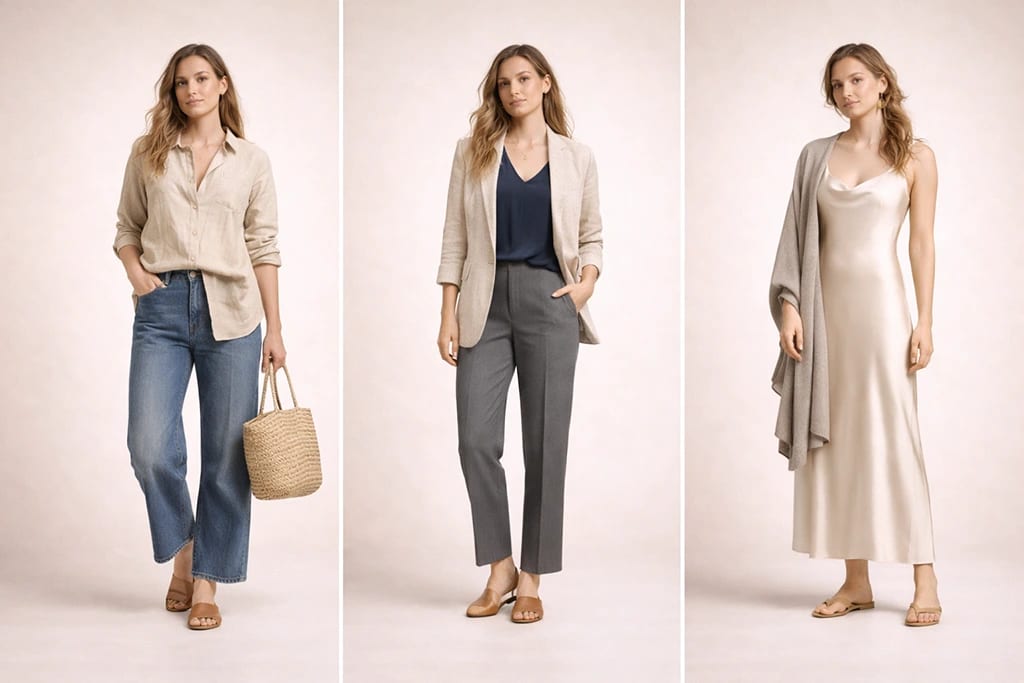Flamboyant Natural outfit ideas showing easy casual, relaxed workwear, and evening flow