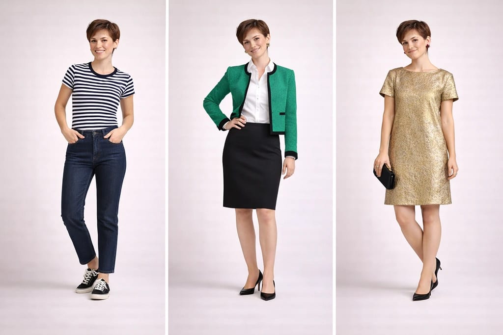 Gamine outfit ideas showing playful casual, smart contrast, and evening spark