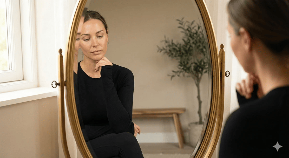Woman examining her reflection for Kibbe body type confirmation