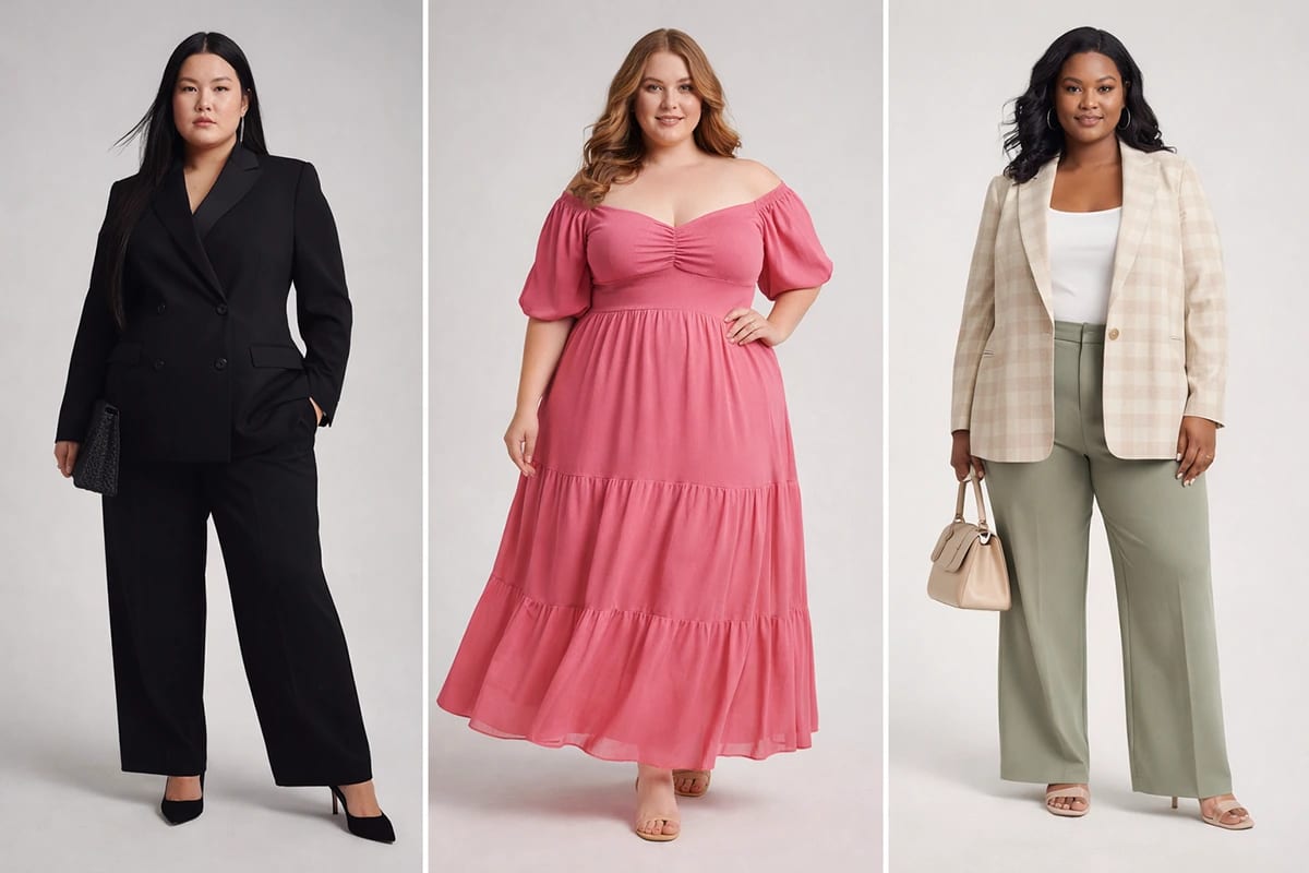 Styling examples for plus size Kibbe body types by yin and yang line groups