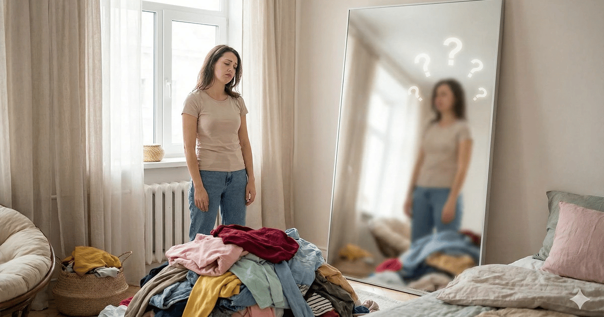 Woman confirming her body type in mirror