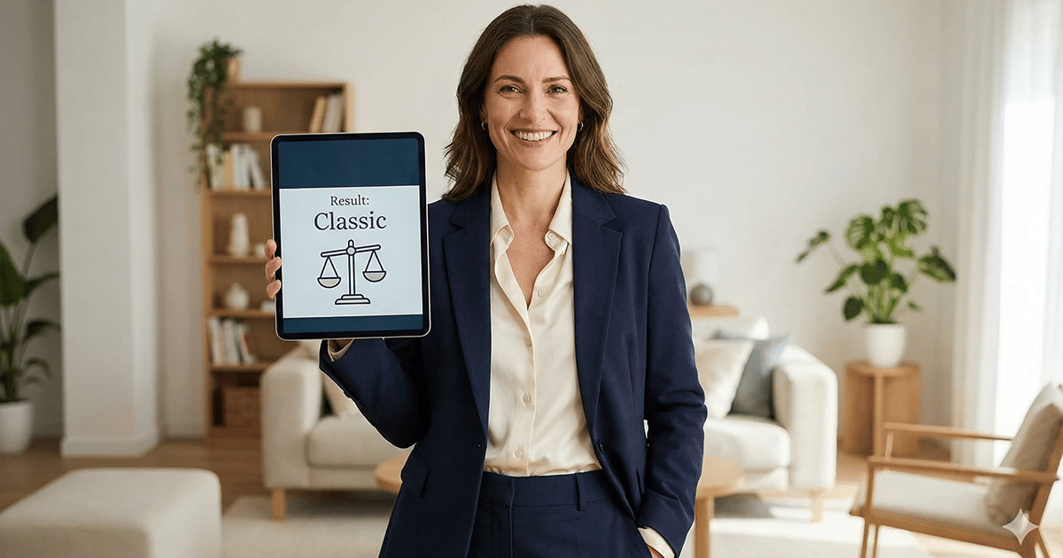 Woman happy with her Kibbe type result on tablet