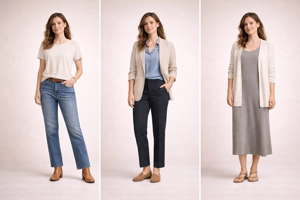 Natural Kibbe outfit ideas showing everyday casual, smart workwear, and relaxed evening