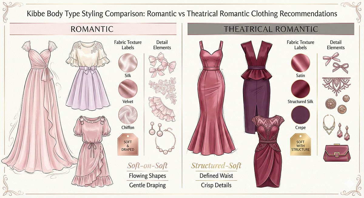 Romantic vs Theatrical Romantic styling differences showing fabric choices and silhouette recommendations