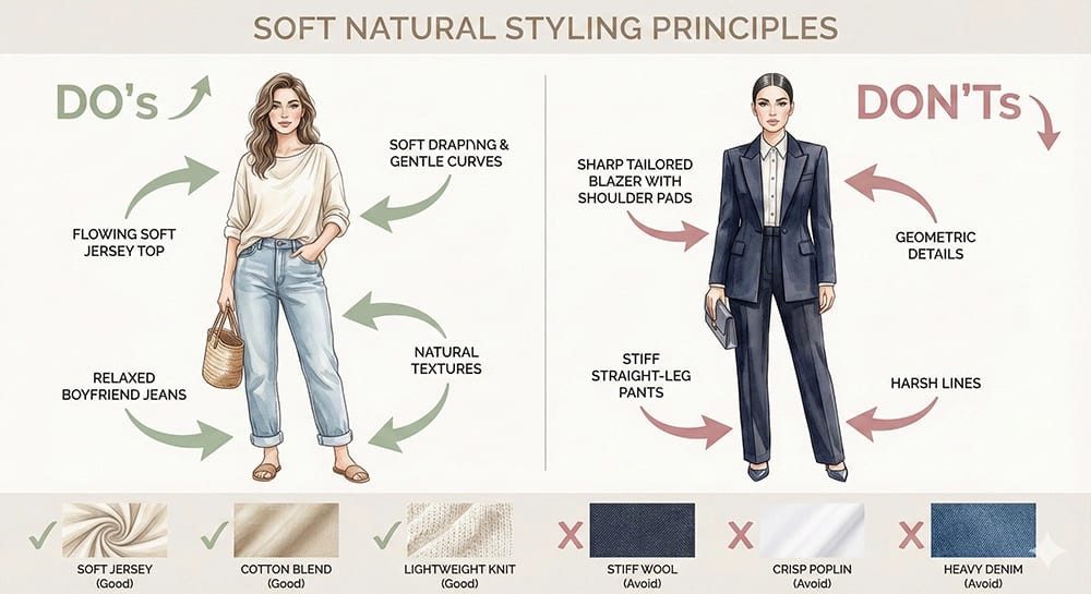 Soft Natural Kibbe styling principles showing soft draping versus stiff structure