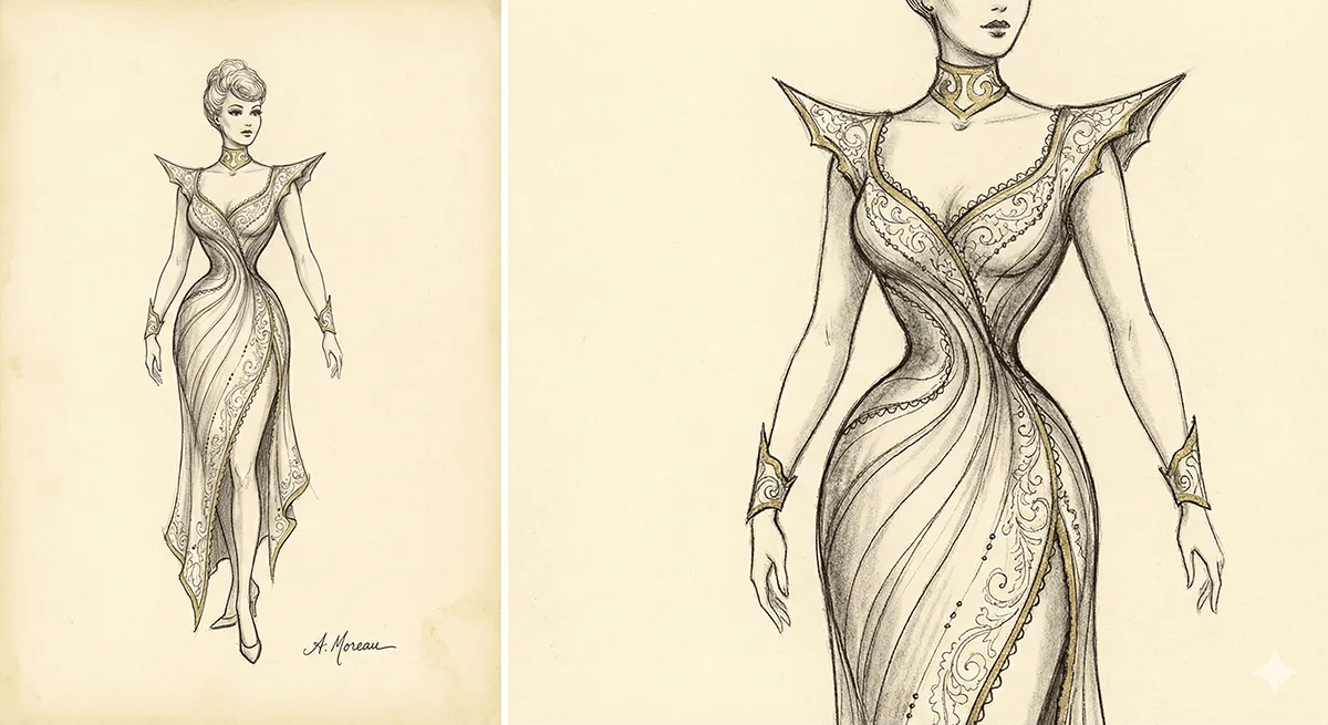 Theatrical Romantic silhouette illustration showing hourglass shape with ornate, tapered lines