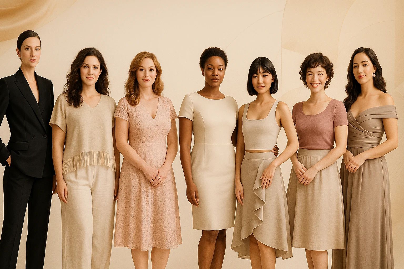 Diverse women representing Kibbe body types, standing confidently